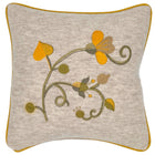 The Araminta cushion is a standout embroidered wool cushion, with its curly sprigs of buttercup yellow embroidered flowers and olive green foliage, on a natural wool ground, and piped in yellow leather . Material: 100% wool, with 100% leather piping Size: 45 x 45cm / 18 x 18in