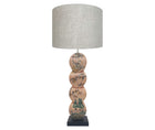 Using Kit's Mythical creatures wallpaper design as inspirations the Mythical Bird Disc Lamp, is hand painted by Melissa White, and features a bird flying over a tree filled mythical landscape, in shades of pink ,greens, and blues, resulting in this delightfully unique lamp. this lamp is displayed with a natural linen cylindrical lamp 