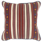 The Romany Weave Cushion has alternating stripe panels in deep reds, orange, navy and ecru, overstitched in delicate embroidered double crosses, in yellow, purple and green, with contrasting blue piping.