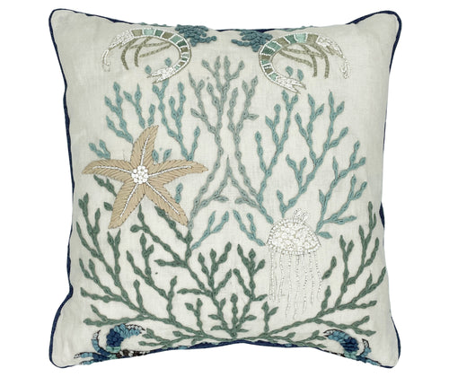 Made from a exceptional embroidered and beaded Under the Sea Schamauer fabric ,and used in one of the Kit's outstanding room designs, this stand out decorative cushion, with its beaded jelly fish and it's embroidered starfish, hiding among the embroidered coral and seaweed in shades of blue and sage green, on a white linen ground, and a denim blue reverse. 