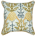 The image shows a decorative cushion with an intricate pattern. The pattern features a symmetrical layout with traditional motifs. The primary colors in the design are golden yellow, sky blue, and olive green, set against a light background. The central motif resembles a stylized, ornamental pineapple, flanked by scrolling vine-like elements and smaller decorative motifs that enhance the overall aesthetic appeal of the cushion.