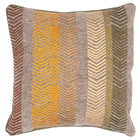 Large mushroom wool, bookend Cushion, with bookend embroidery on front, in shades of greens, and browns, and highlights of yellows and golds. This cushion is 50cm x50 cm, and is piped in contrasting green herringbone wool