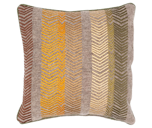 Large mushroom wool, bookend Cushion, with bookend embroidery on front, in shades of greens, and browns, and highlights of yellows and golds. This cushion is 50cm x50 cm, and is piped in contrasting green herringbone wool