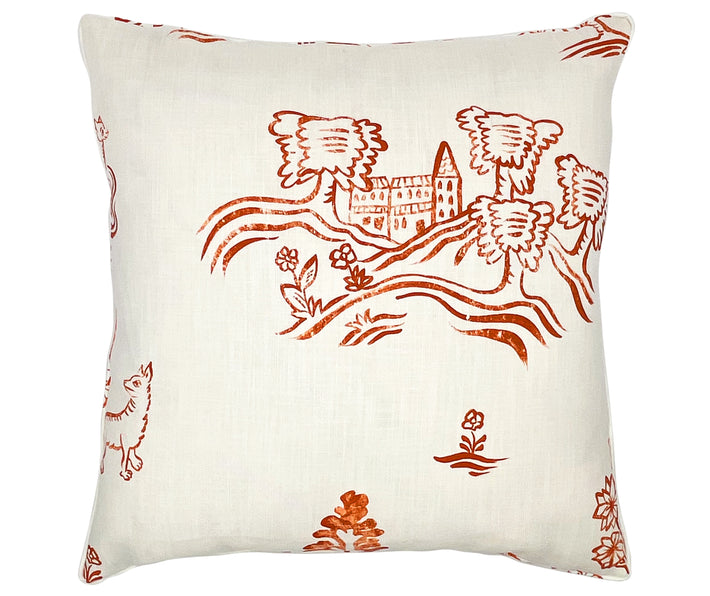 The front of the Friendly Folks outdoor cushion. Inspired by 15th and 16th century tapestries, this cushion shows bushy tailed creatures peering amongst hedgerows, blooming trees and rolling English hills. With a rich sense of folklore and the lyricism of rural land, Friendly Folk is made contemporary with the design in melon orange.