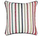 The Sintra embroidered cushion,is striped design, is reminiscent of embroidery samplers with every line showing a different embroidery stitch in deep reds, orange, green and ochre on an ecru background, and piped in navy wool. Material : 100% linen Size: 45 x 45cm