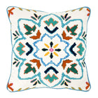 Our small Chintal embroidered cushion, takes one of the design team's new room scheme fabrics and repurposes it to produce these small cushions, to add a sprinkle of colour to your favourite chair. The kaleidoscope design in shades of aqua, and blues , with contrasting leaf like motifs in teal and navy forms a central design feature, on an ecru ground, with contrasting blue piping, with plain ecru reverse. Content : 100% linen Size: 40 x 40cm/ 15.74 x 15.74