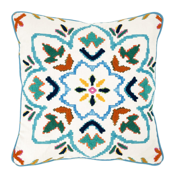 Our small Chintal embroidered cushion, takes one of the design team's new room scheme fabrics and repurposes it to produce these small cushions, to add a sprinkle of colour to your favourite chair. The kaleidoscope design in shades of aqua, and blues , with contrasting leaf like motifs in teal and navy forms a central design feature, on an ecru ground, with contrasting blue piping, with plain ecru reverse. Content : 100% linen Size: 40 x 40cm/ 15.74 x 15.74