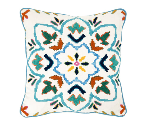 Our small Chintal embroidered cushion, takes one of the design team's new room scheme fabrics and repurposes it to produce these small cushions, to add a sprinkle of colour to your favourite chair. The kaleidoscope design in shades of aqua, and blues , with contrasting leaf like motifs in teal and navy forms a central design feature, on an ecru ground, with contrasting blue piping, with plain ecru reverse. Content : 100% linen Size: 40 x 40cm/ 15.74 x 15.74