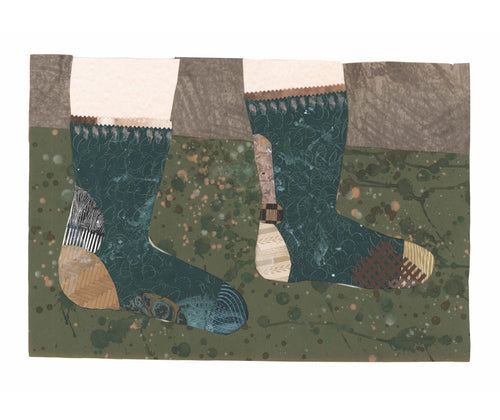 Artwork by Jo Waterhouse showing a pair of socks in green tones on a green and brown background