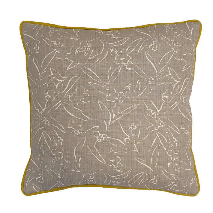 Kit Kemp cushion in Inside Out grey fabric for Christopher Farr with contrast yellow piping