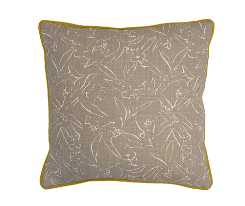 Kit Kemp cushion in Inside Out grey fabric for Christopher Farr with contrast yellow piping