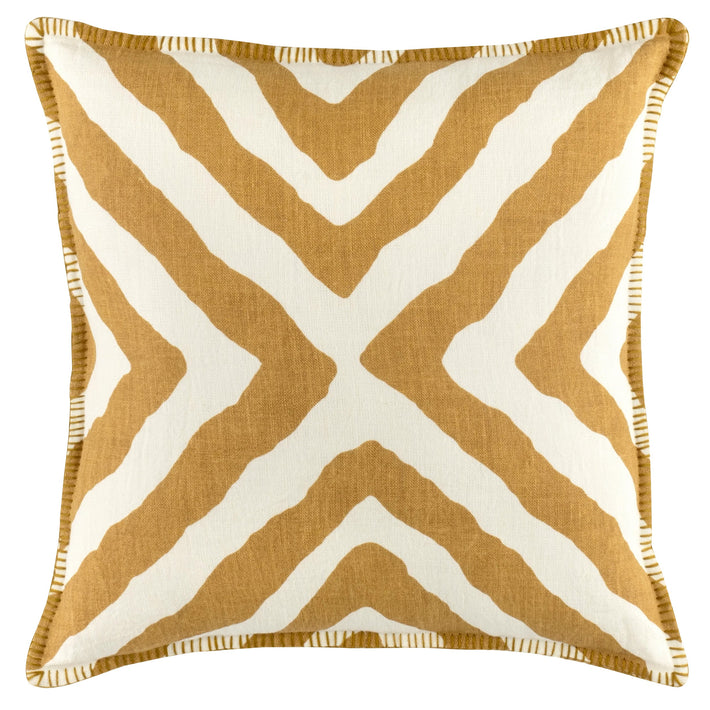 Kit Kemp's Imply Cushion, from her New Forest Collection with Annie Selke, makes a bold statement with its ochre diagonal striped pattern on a white linen background, with colour-matched blanket stitch edges. This two sided cushion looks wonderful both inside and outside. 