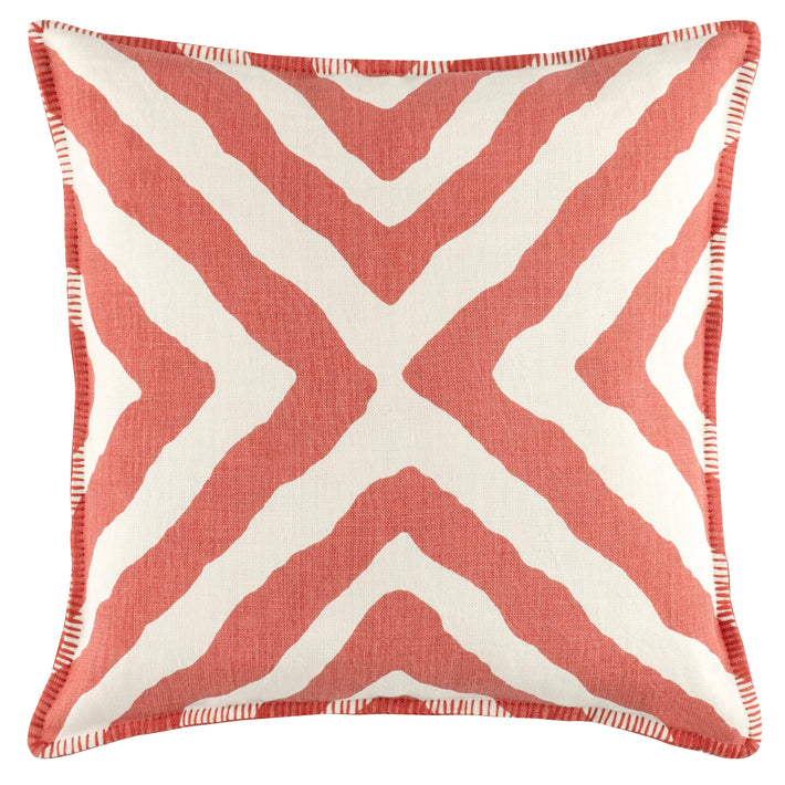 Kit Kemp's Imply Cushion, from her New Forest Collection with Annie Selke, makes a bold statement with its paprika diagonal striped pattern on a white linen background, with colour-matched blanket stitch edges. This two sided cushion looks wonderful both inside and outside. 