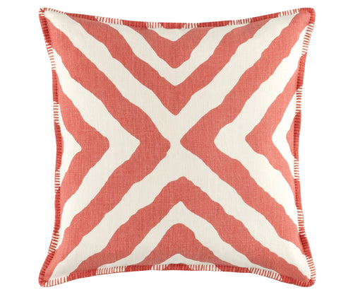 Kit Kemp's Imply Cushion, from her New Forest Collection with Annie Selke, makes a bold statement with its paprika diagonal striped pattern on a white linen background, with colour-matched blanket stitch edges. This two sided cushion looks wonderful both inside and outside. 