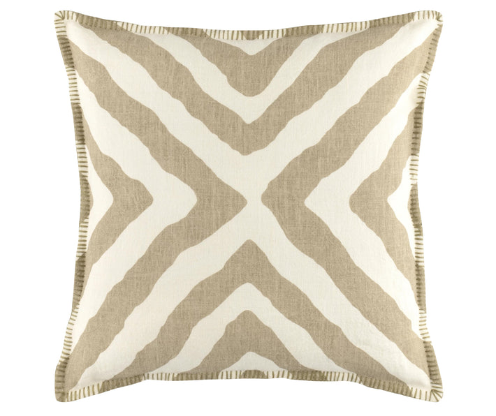 Kit Kemp's Imply Cushion, from her New Forest Collection with Annie Selke, makes a bold statement with its natural linen diagonal striped pattern on a white linen background, with colour-matched blanket stitch edges. This two sided cushion looks wonderful both inside and outside. 