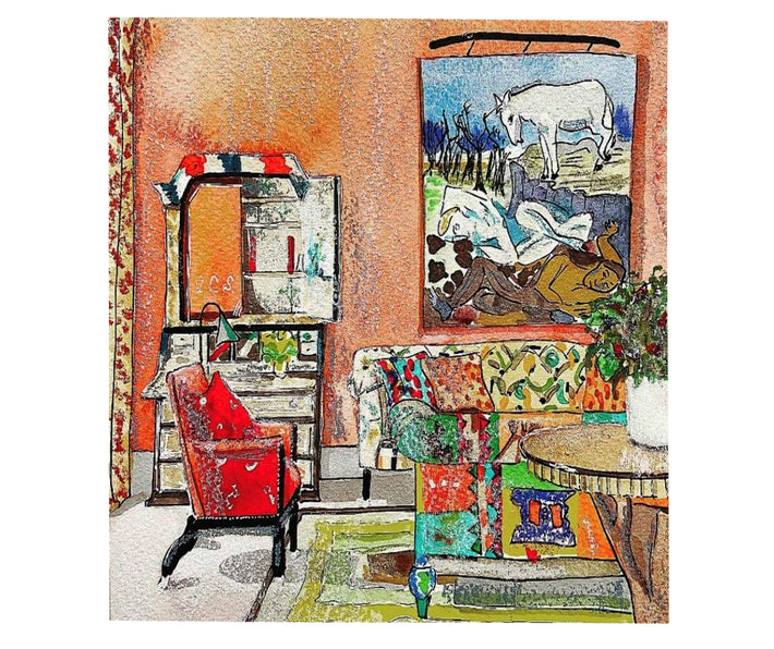 In the Drawing Room is an illustration of the terracotta drawing room in Kit Kemp' Hotel in Ham Yard, with is mixture of print and colour, modern sculptural furnishing and a standout bureau leads to a dramatic yet comfortable room scheme. 29.7 x 24cm (A4) Unframed print by SJ Axelby