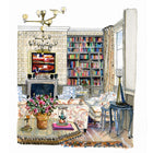 In the Library is an illustration of the cosy library in Kit Kemp' Hotel in Ham Yard, where comfort in this home away from home, is paramount. illustration shows the neutral ozone wall paper, with floral printed sodas, and lost and found chequered armchairs around a fireplace, surrounded by booklined shelves. 29.7 x 24cm (A4) Unframed print by SJ Axelby