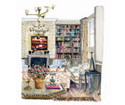 In the Library is an illustration of the cosy library in Kit Kemp' Hotel in Ham Yard, where comfort in this home away from home, is paramount. illustration shows the neutral ozone wall paper, with floral printed sodas, and lost and found chequered armchairs around a fireplace, surrounded by booklined shelves. 29.7 x 24cm (A4) Unframed print by SJ Axelby