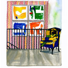 In the Lobby is an illustration of the Lobby in of Kit Kemp' Hotel in Ham Yard, with its pink and orang zig zag striped walls, bold artwork, in primary colours and stand out appliqued Kit kemp chair, and blue and yellow Kit chair. 