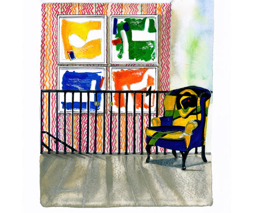 In the Lobby is an illustration of the Lobby in of Kit Kemp' Hotel in Ham Yard, with its pink and orang zig zag striped walls, bold artwork, in primary colours and stand out appliqued Kit kemp chair, and blue and yellow Kit chair. 