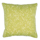 Lime green 45x45cm cushion, with simplified floral designs outlined in white, edged in white piping