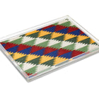 Acrylic tray with Tribal Jester fabric in geometrical shapes in tones of bright reds, cream, green and blues