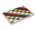 Acrylic tray with Tribal Jester fabric in geometrical shapes in tones of bright reds, cream, green and blues