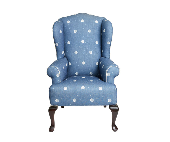 Kits wing chair in Andrew Martin Blue over the moon fabric, Front View.