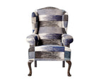 Front facing Kit's Wing Armchair, upholstered in Kit Kemp for Christopher Farr 'Ikat Weave' fabric in Indigo, with off white leather piping; legs in 'Haymarket Grey' timber finish, with chrome studding at the top of the leg