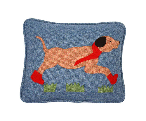 A playful Running Labrador Cushion in a basket weave tweed fabric, in tones of rich denim, ember and green with a denim blue basket weave reverse and matching piping, each perfectly plump cushion comes with a feather filler with a zip fastening. 