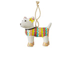 Our Tiffany Pooch Patchwork Tree Ornament, takes its inspiration from our patchwork toys, and mixes Kit's love of bright colours and pattern to make this unique addition to your tree. This white china dog , has stripy paws, and a diamond stripe coat, in shades of bright pastels 