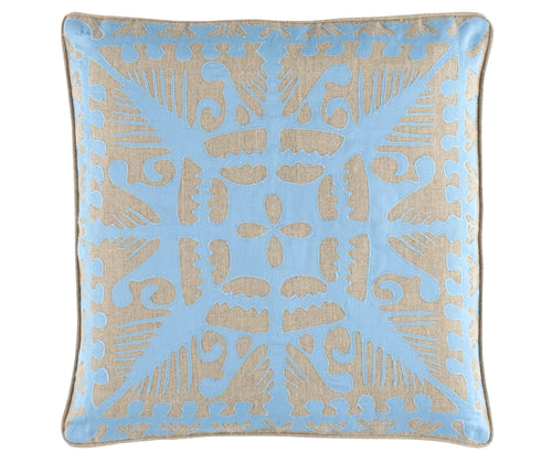 Introducing Kit Kemp's Knightswood Cushion, part of her New Forest Collection with Annie Selke, this natural linen cutwork design is overlaid and stitched over a bright lapis blue base, with a solid reverse with piped edge.