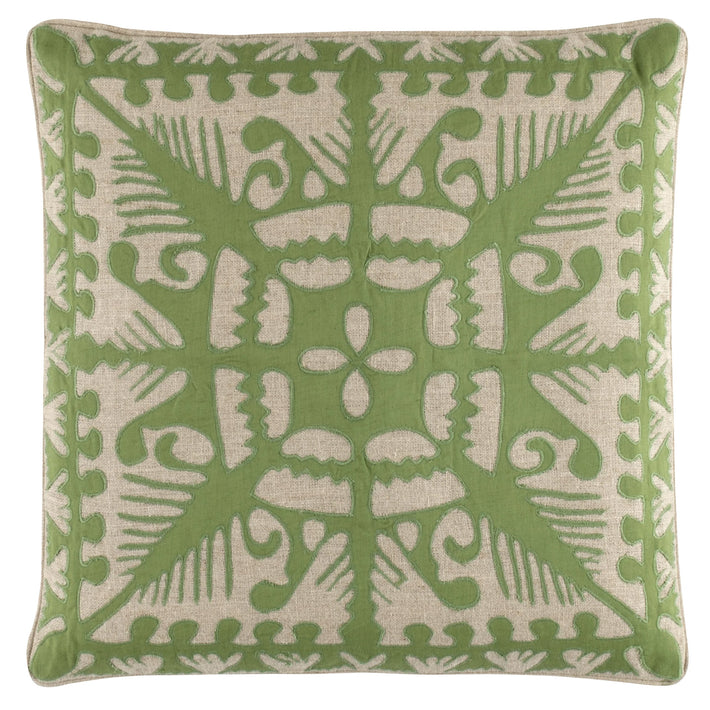 Introducing Kit Kemp's Knightwood Cushion, part of her New Forest Collection with Annie Selke, this natural linen cutwork design is overlaid and stitched over a signature bright olive green base, with a solid reverse, with piped edge and makes for an exquisite embellishment to any chair, sofa or bed.