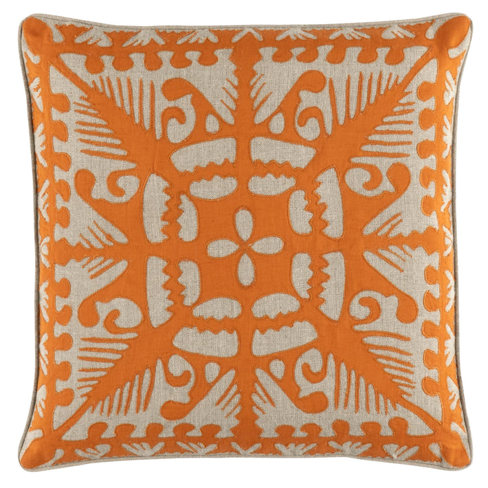 Introducing Kit Kemp's Knightwood Cushion, part of her New Forest Collection with Annie Selke, this natural linen cutwork design is overlaid and stitched over a bright orange base, with a solid reverse, with piped edge and makes for an exquisite embellishment to any chair, sofa or bed.