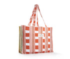 Our Bag for life is a large cotton bag, printed with Kit's Lost and found chequerboard print in orange and white, with green ticking detailing , combined with the variegated stripes of Peace and love, in orange, green, white and yellow, in the side gussets. 