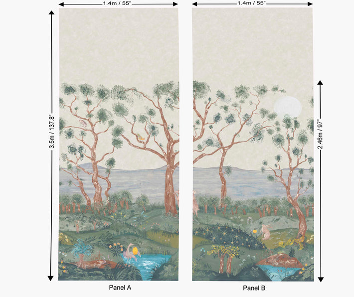 Focused picture showing the pattern repeat of this mural wall paper, with detailed measurements, showing pattern repeat.