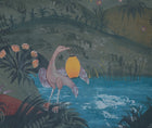 A detailed shot of the lantern bearing Heron featured in the lower part of this wall paper design, set against a teal pond, and dark green landscape