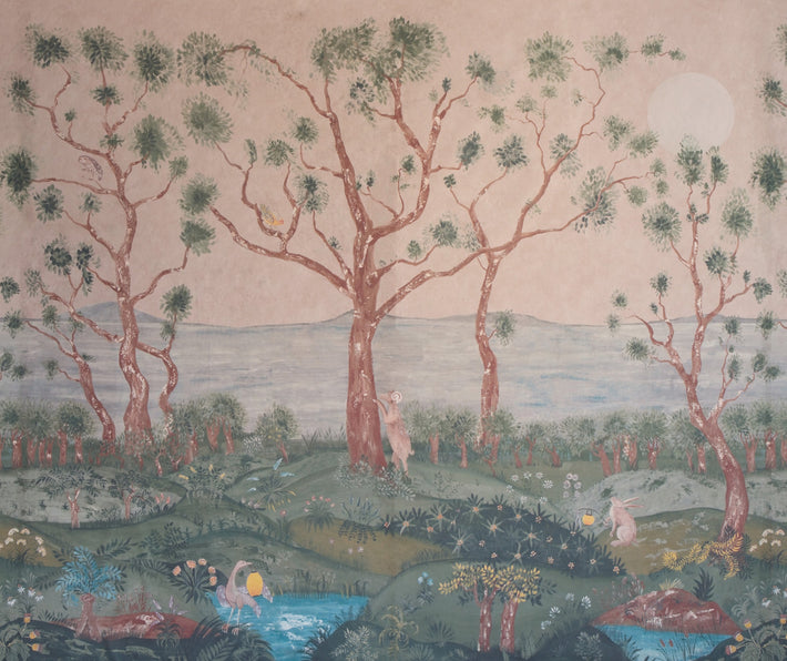 Kit Kemp's new Lantern Parade wall paper, in collaboration with Andrew Martin, takes elements from Tapestry Landscapes and medieval illumination to create an other-worldly treeline landscape, with the sea beyond. This forest landscape, in it's plaster pink light of dusk, is endlessly fascinating, revealing it's magic every time we look at it, with it's shy forest creatures, basking in dew drenched flowers.