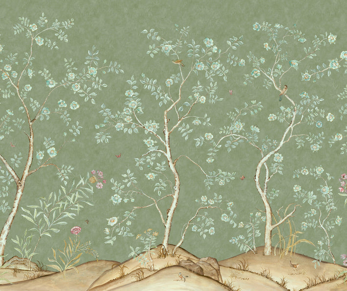 Kit's New Songbird Wallpaper, in collaboration with Andrew Martin, takes the stylised nature of Chinoiseries landscapes to a softer and more relaxed realm with an English twist. The spring colourway is suffused in the soft green of spring ,where a breeze ruffles the leaves of loosely painted trees dotted with dog roses. From the delicate branches, songbirds call to each other across this serene panorama.