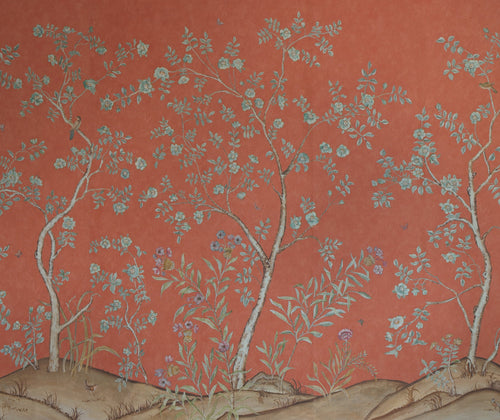 Kit's New Songbird Wallpaper, in collaboration with Andrew Martin, takes the stylised nature of Chinoiseries landscapes to a softer and more relaxed realm with an English twist. The Sunset colourway is suffused in the soft coral light of a warm summer sunset where a breeze ruffles the leaves of loosely painted trees dotted with dog roses. From the delicate branches, songbirds call to each other across this serene panorama.