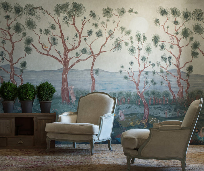 Life style picture of lanterns parade wallpaper in dawn pale blue colourway, with two louis the 15th chairs in the foreground.