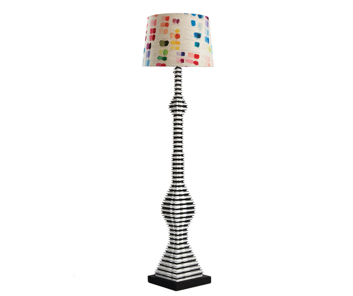 Standing Rocket lamp in black and white with a colorful fabric lampshade