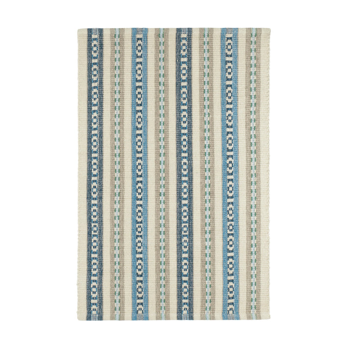 Part of Kit Kemp's new collection, with Annie Selke for spring Long Slade is a stylish, colourful and whimsical take on a classic stripe in bright shades of blue, this is soft underfoot cotton. Versatile and Durable this rug adds a touch of colour to any room Size 8x10