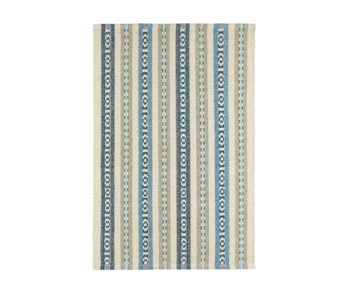 Part of Kit Kemp's new collection, with Annie Selke for spring Long Slade is a stylish, colourful and whimsical take on a classic stripe in bright shades of blue, this is soft underfoot cotton. Versatile and Durable this rug adds a touch of colour to any room Size 8x10