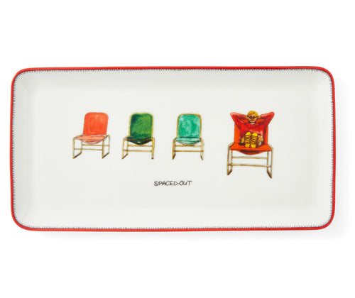 The rectangular platter is ideal for a fun and informal tea party, and feature 4 spaced out loungers, with one male character lounging in the right hand chair, dressed in red and yellow, embracing the joy of relaxation, trimmed in a red.