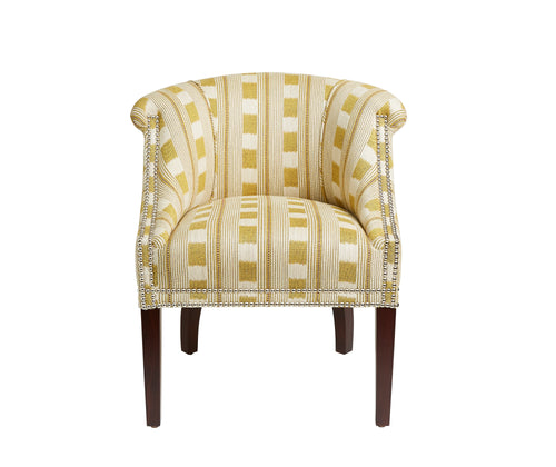 Min tub chair in yellow lost and found fabric, front view.