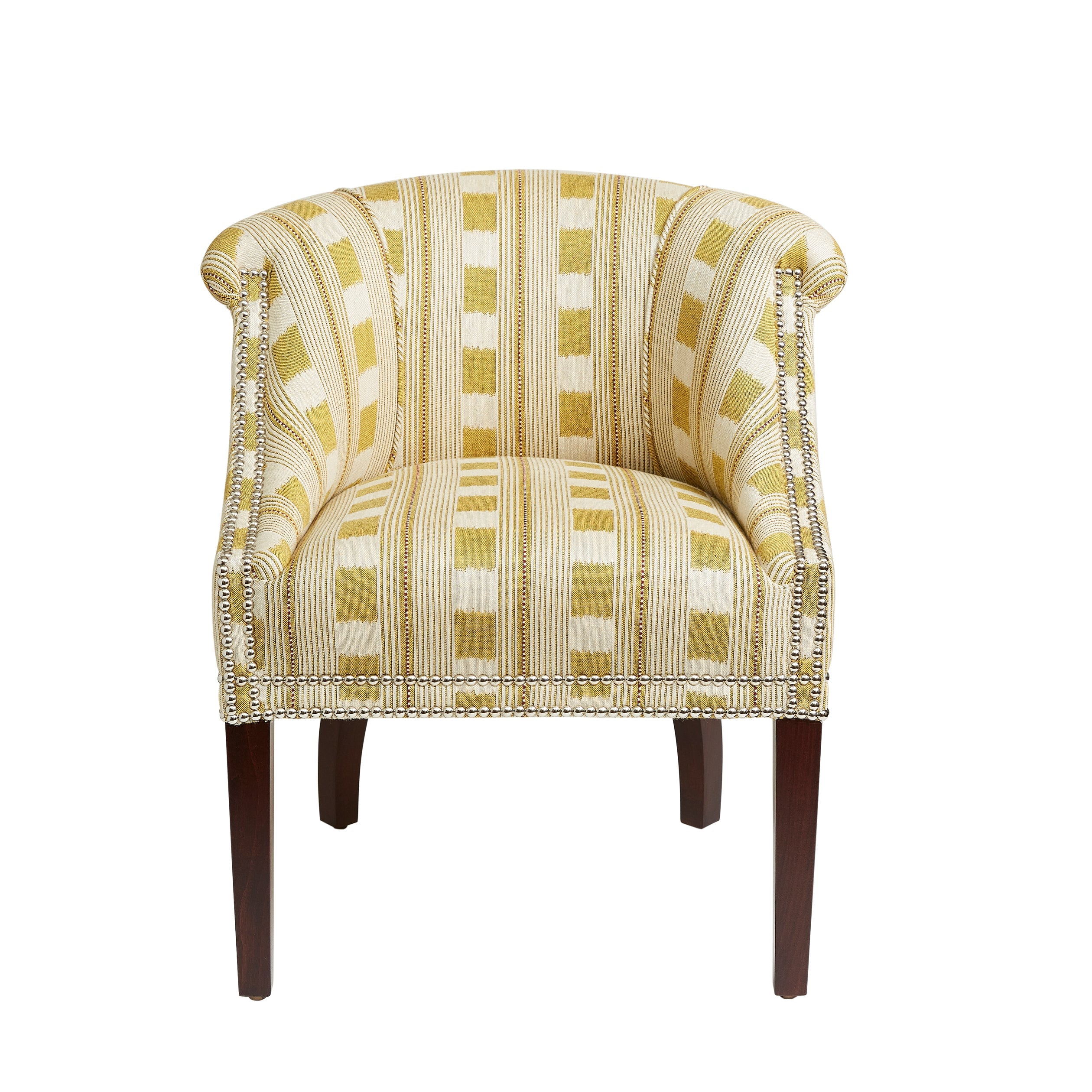 Min tub chair in yellow lost and found fabric, front view.