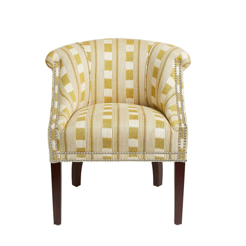 Min tub chair in yellow lost and found fabric, front view.