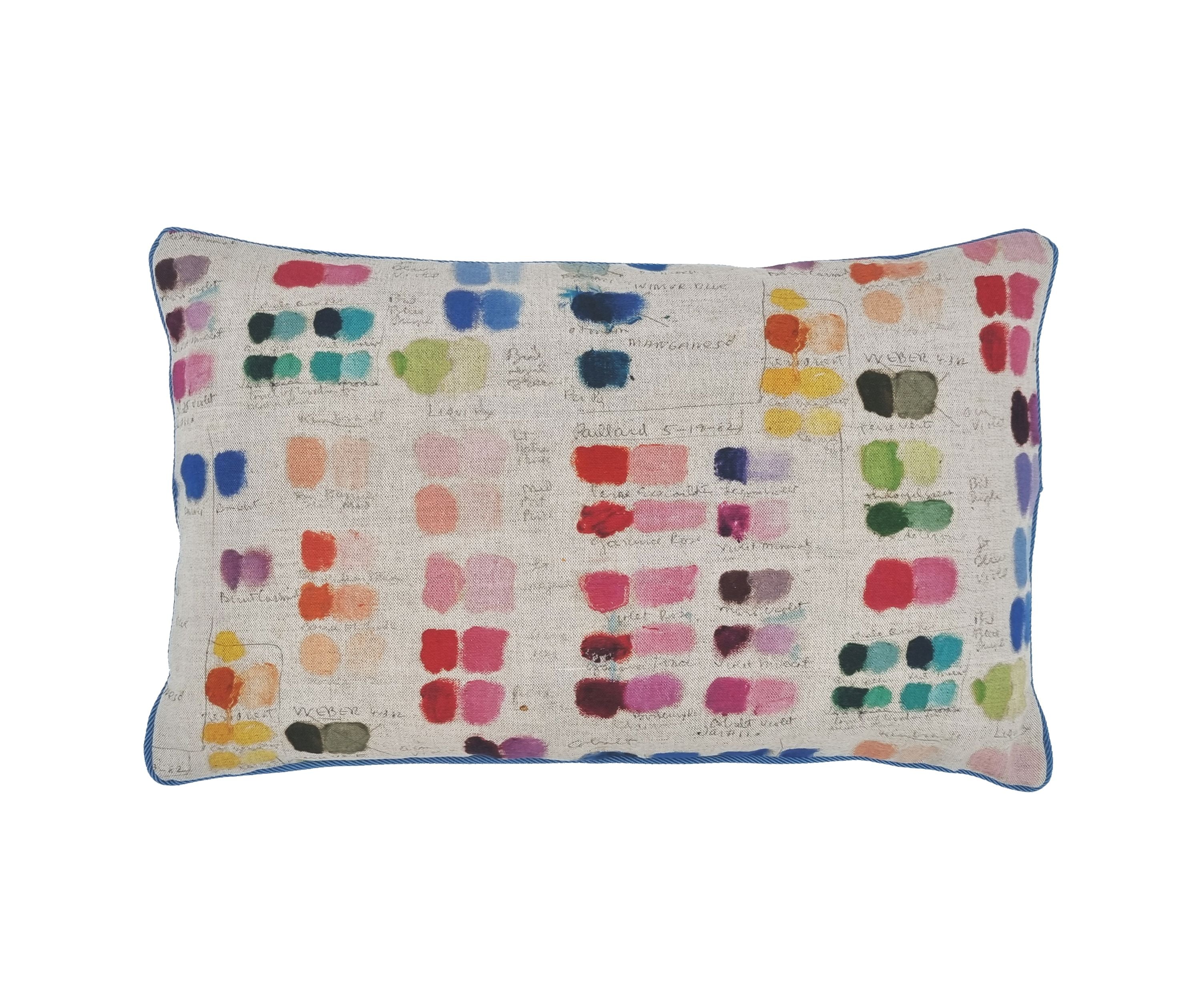 Cushion in Mixed Tones fabric - An entirely charming and intimate display of the artist's palette. This stunning spectrum of colour is beautifully illustrated by hand written notes and names, adding to the design's authentic charm and is countered by a linen-rich neutral ground.