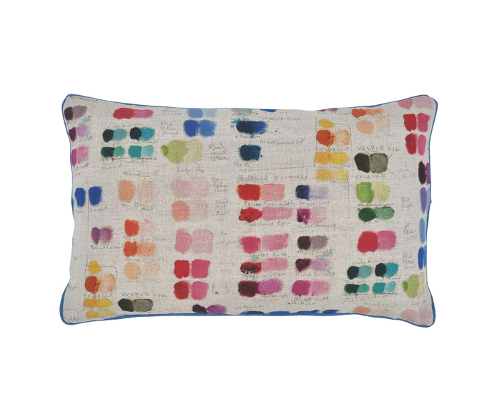 Cushion in Mixed Tones fabric - An entirely charming and intimate display of the artist's palette. This stunning spectrum of colour is beautifully illustrated by hand written notes and names, adding to the design's authentic charm and is countered by a linen-rich neutral ground.
